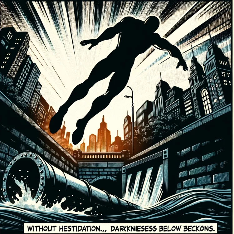 DALL·E 2024-02-18 07.57.47 - In a comic book style, a hero leaps into action, diving towards the sewer entrance. This dynamic scene captures the hero's silhouette against the back.webp